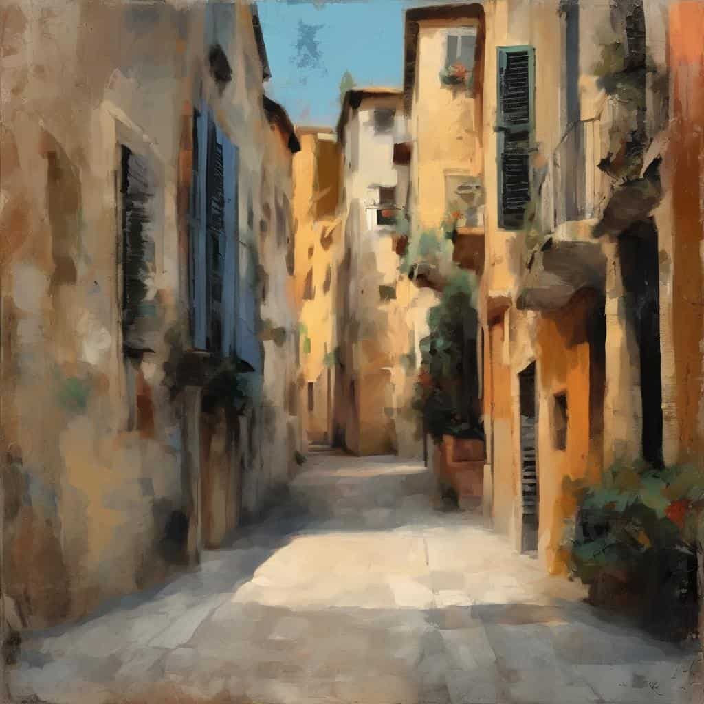 Ζωγραφική εικόνα γραφικού δρόμου με παλιά κτίρια και πολύχρωμα στοιχεία, τέχνη και εξερεύνηση της χρώσης και της υφής.