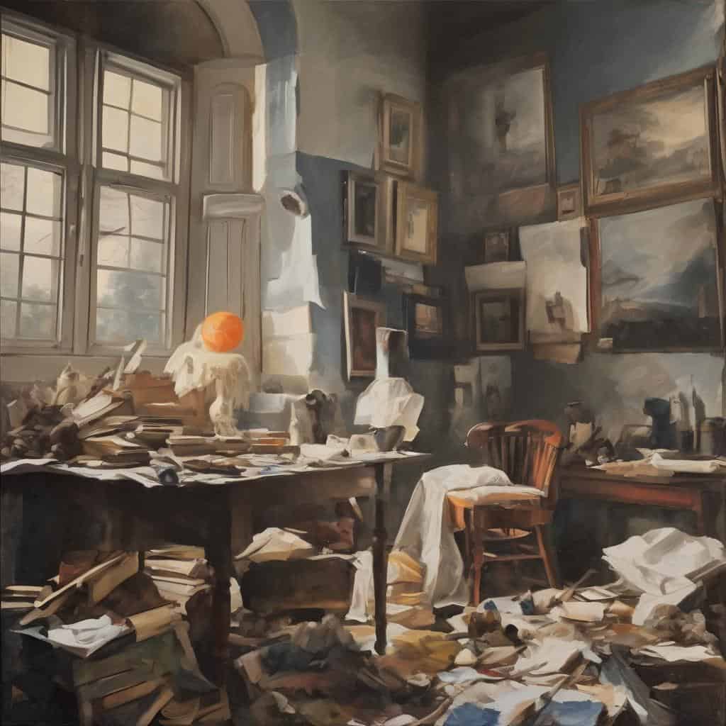 Αρχείο και χρώματα σε καλλιτεχνικό στούντιο με έργα τέχνης και εργαλεία, εκφράζοντας την εξερεύνηση της χρωματικής και υφής.