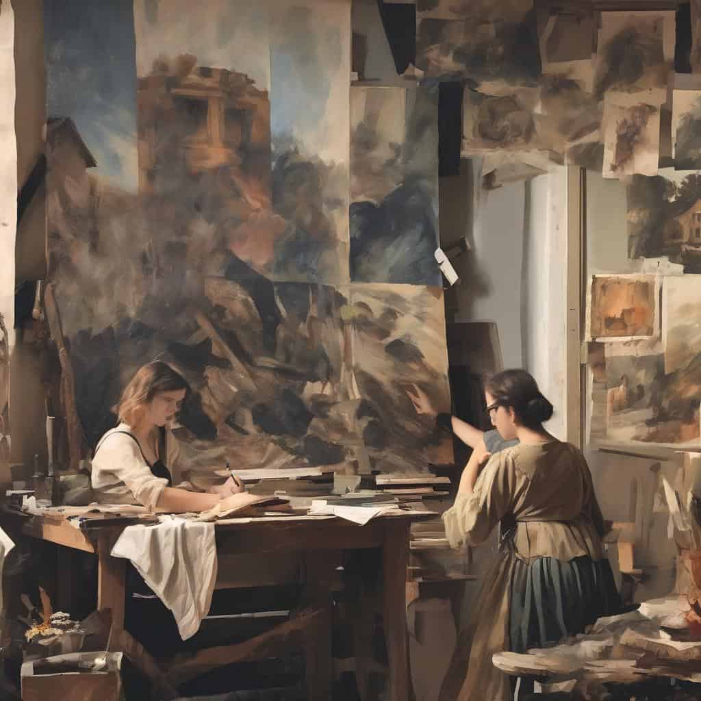 Ζηνειγράφημα και τέχνη της ζωγραφικής με ποικιλία χρωμάτων και υφών σε στούντιο τέχνης.