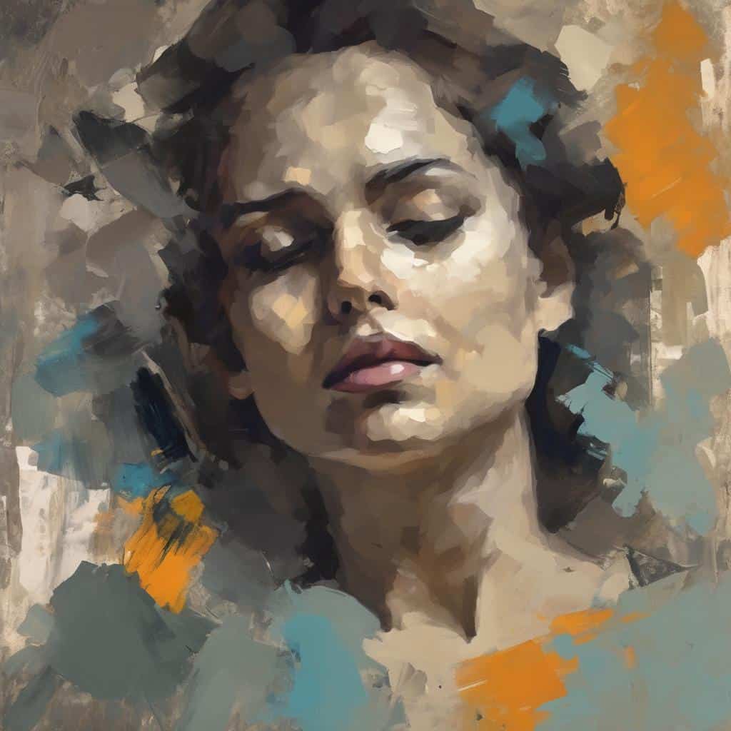 Χαρακτική πορτρέτου με έντονες πινελιές και χρωματιστές υφές, εστίαση στην τέχνη και την εξερεύνηση της χρώματος και της υφής.