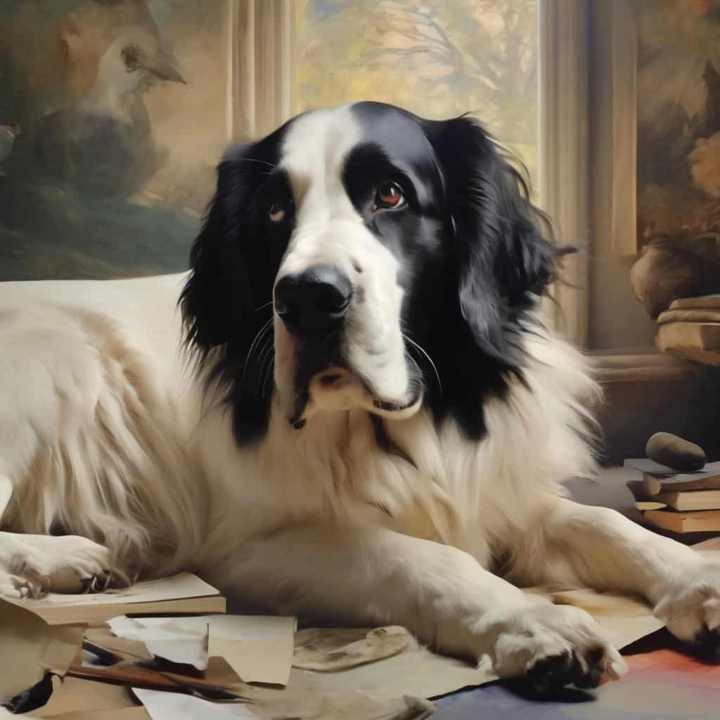 Ζώο αυτήκο και ήσυχο, sitting σε βιβλία και χαρτιά, πίσω από παλιά έργα τέχνης και πίνακες ζωγραφικής, αρμονική σύνθεση, ήσυχο και εξερευνητικό, τέχνη και χρώμα.